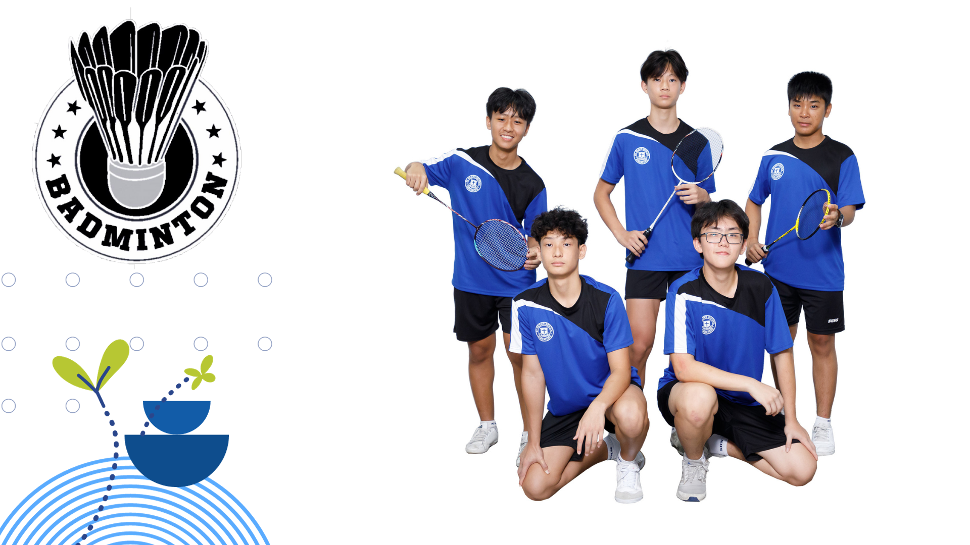 Five young male badminton players in blue and black uniforms pose together holding rackets, with a badminton shuttlecock emblem nearby.